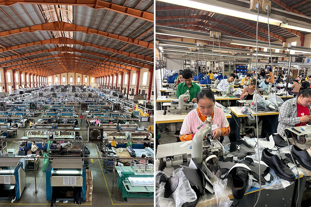 The interior of one of the Kingdom’s many large footwear manufacturing operations with workers assemble men’s dress shoes in a footwear factory in Cambodia. Supplied