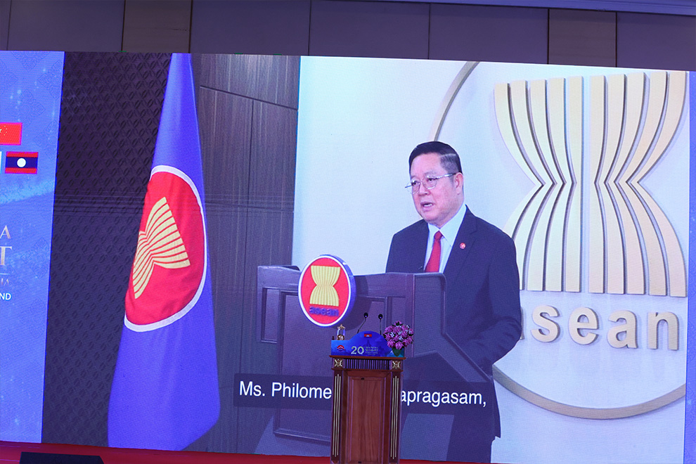 Kao Kim Hourn, ASEAN secretary-general, delivers an address to the attendees, via video. Supplied