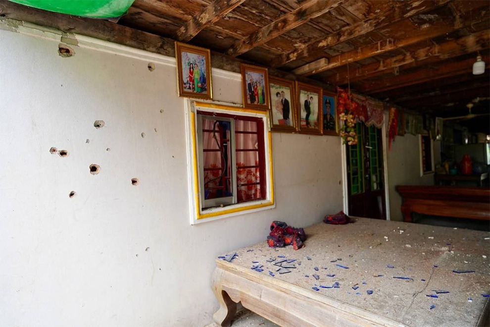 The homes of residents of O Pok and Kok Prasat villages, in Oddar Meanchey province, were damaged by Thai artillery shelling on July 25. Supplied