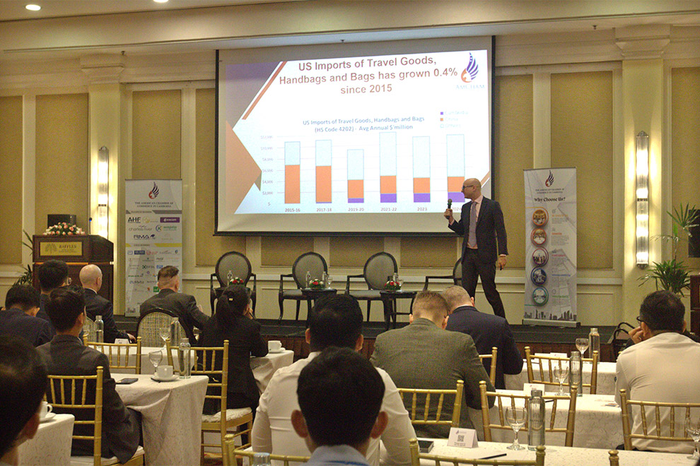 Lucas Moro, vice-chair of the AmCham Tax Committee, delivers a presentation on US trade with Cambodia. Hong Raksmey