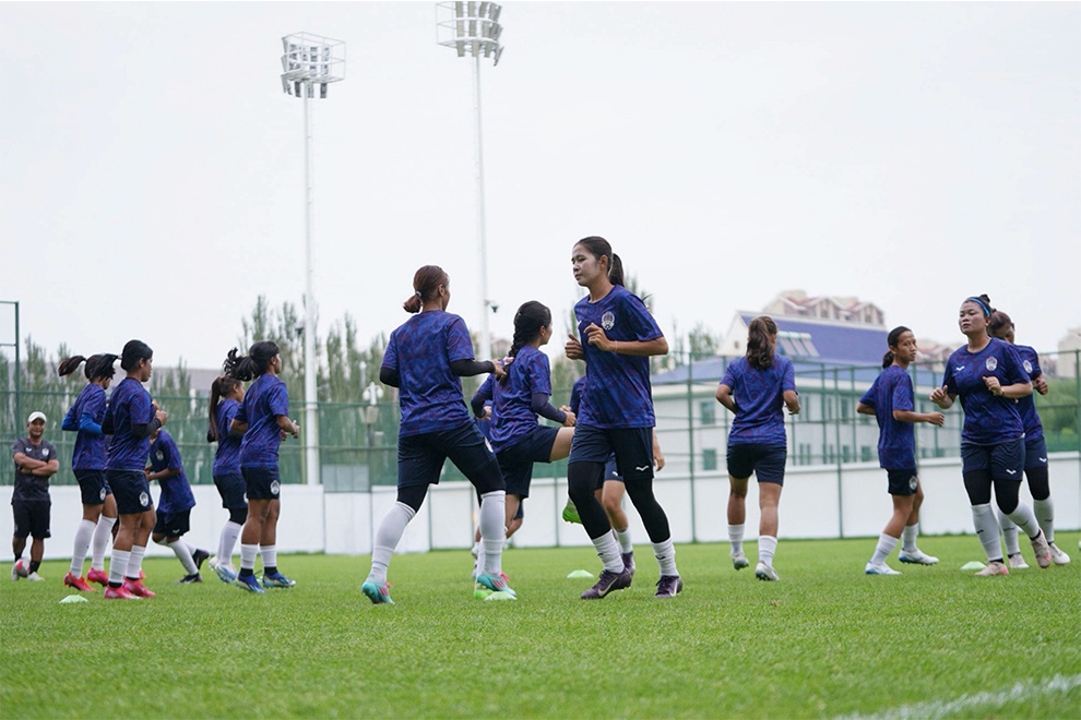 The Cambodia U20 squad train in China. They will take on the hosts at 2.30pm today. FFC