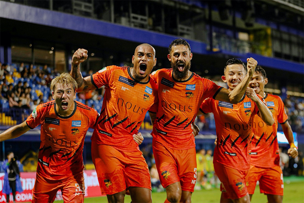Angkor Tiger celebrate one of their six goals in last week’s drubbing of MOI Kampong Dewa. This weekend they will host current CPL champions Svay Rieng. Angkor Tiger