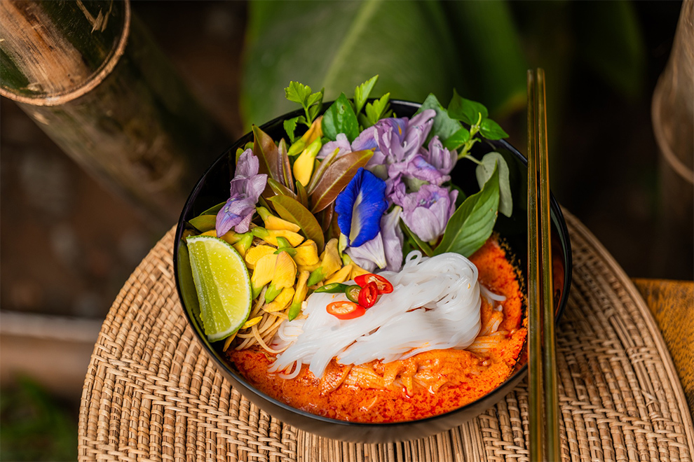 Khmer noodle soup with crab meat and vegetables. Supplied