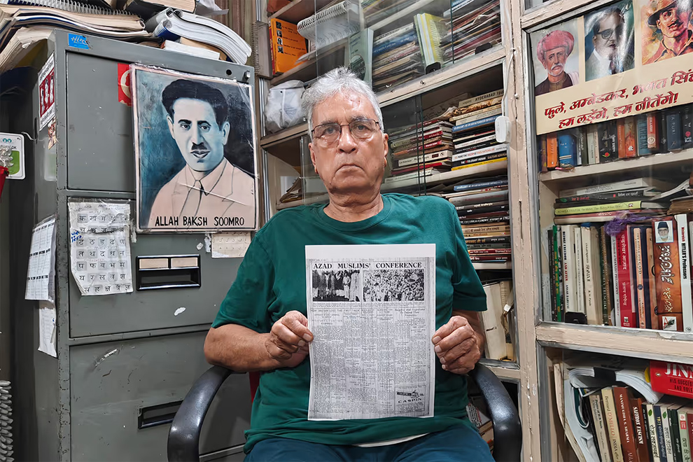 Historian Shamsul Islam holding a copy of a newspaper report on the Azad Muslim Conference, an organisation of Muslims who opposed the Partition. ST PHOTO: DEBARSHI DASGUPTA