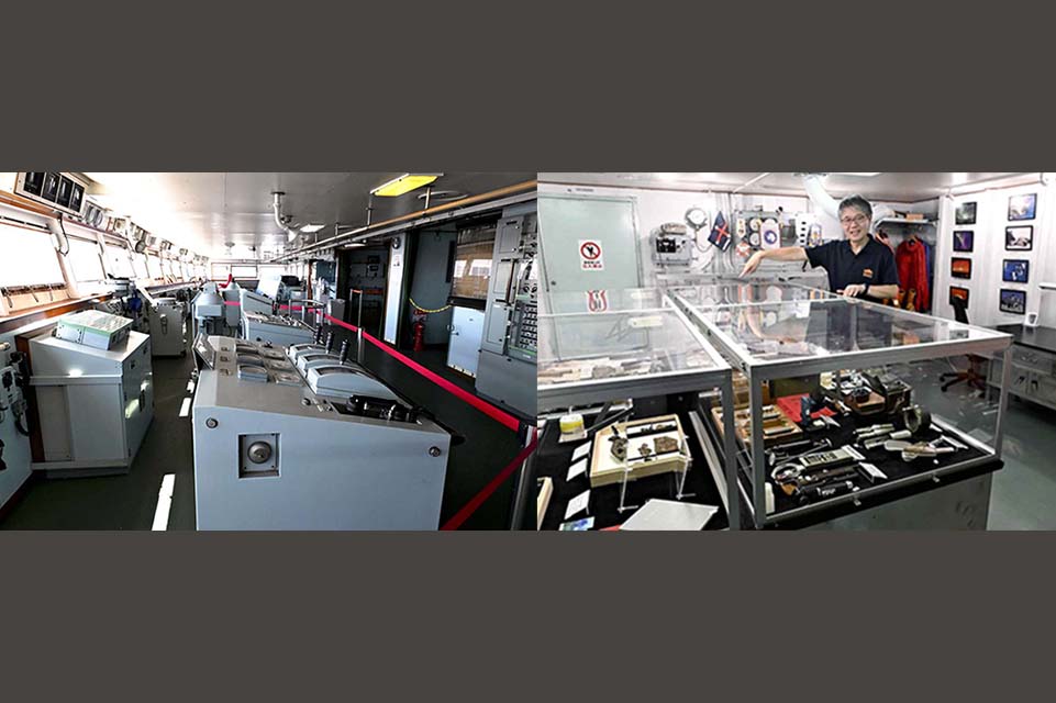 Left: The bridge with steering equipment Right: Shigeru Saigusa explains Antarctic research equipment. PHOTO: THE YOMIURI SHIMBUN