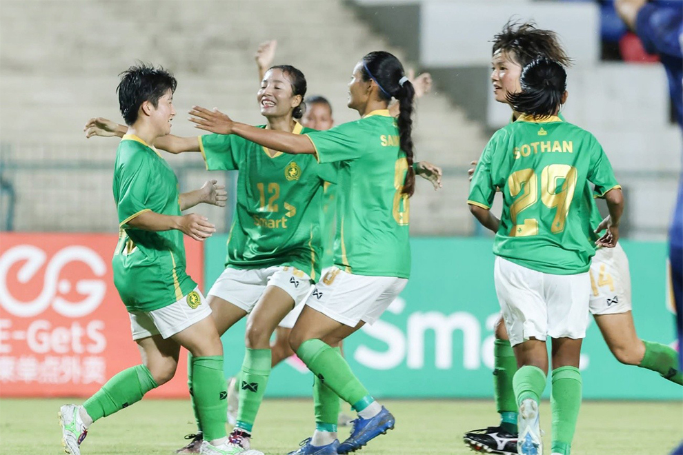 The Phnom Penh Crown players celebrate what they thought would be the winning goal, before Kitchee scored to secure a 3-3 draw. CPL