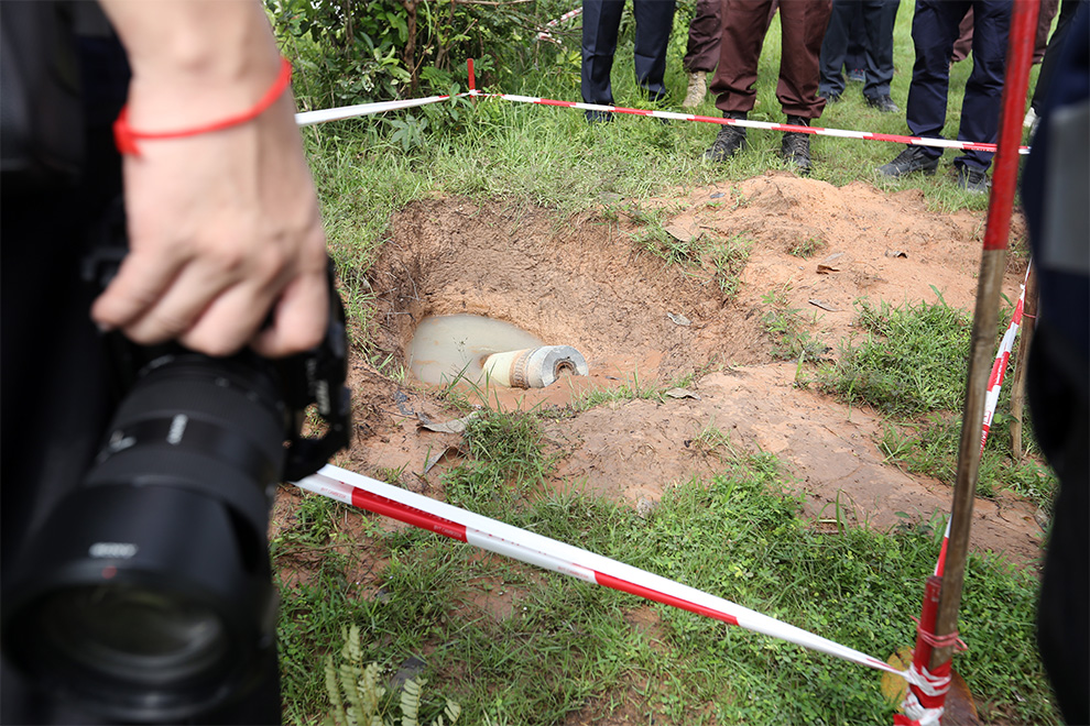 Each 155mmm cluster munition round scatters more than 50 bomblets across the ground, many of which fail to explode on impact. Hong Raksmey