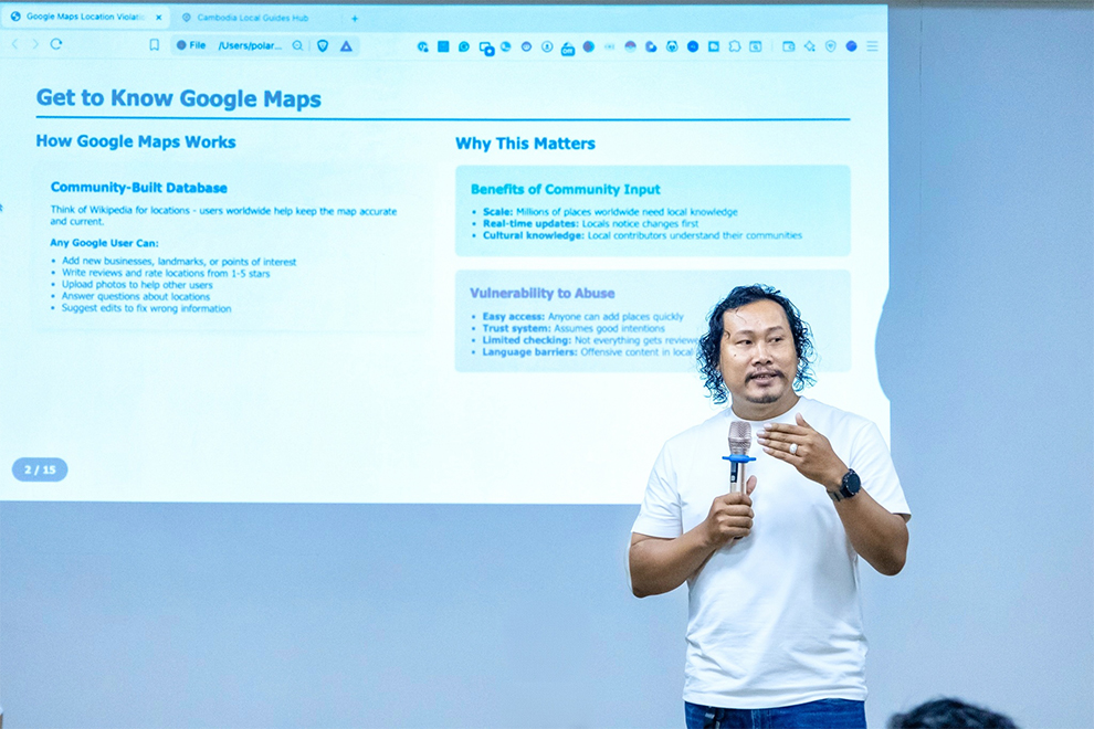 Chy Sophat, lead researcher at Cambodia Local Guides, presents the Reclaiming Our Digital Space report on Google Maps abuses, Sept. 6, 2025. Supplied