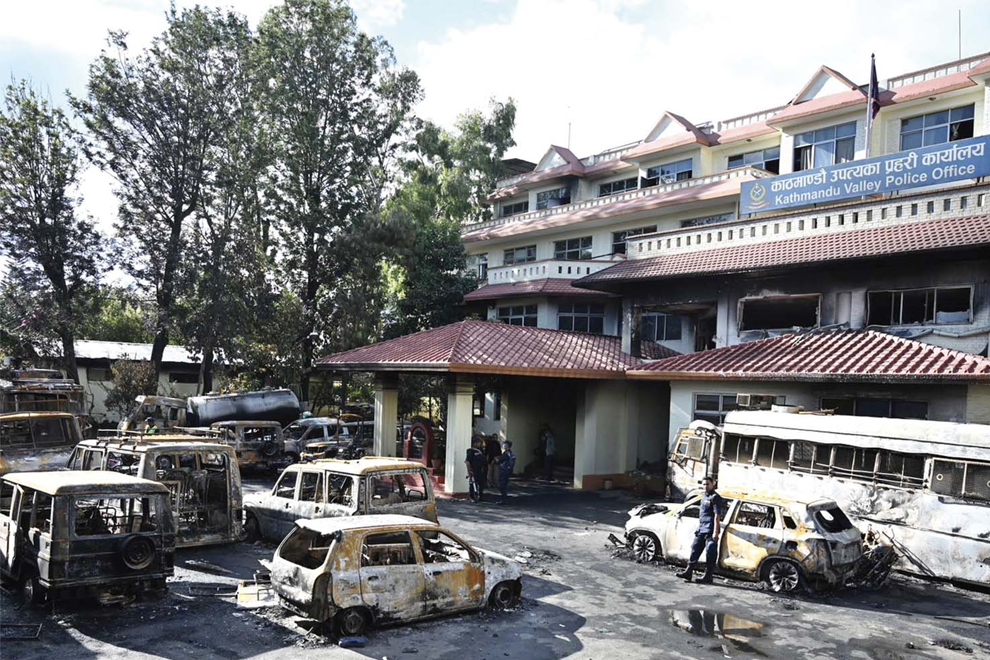 Charred shells of vehicles torched during Tuesday’s Gen Z protests pictured at the Kathmandu Valley Police Office at Ratnapark on Thursday. In one of most violent protests in Nepal’s history, the scores of police stations, government offices, and businesses were set ablaze by anti-corruption demonstrators. Photo: @AngadDhakal