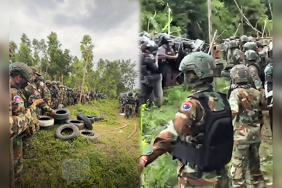 Unarmed Cambodian troops stood guard to protect civilians when hundreds of Thai troops and riot police entered Cambodian territory on September 17. Supplied