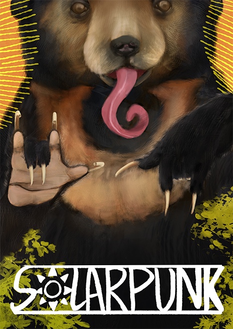 Artwork by young Cambodian artist Khy, who used a native animal, the sun bear, to create a mascot for the Solarpunk movement. Supplied