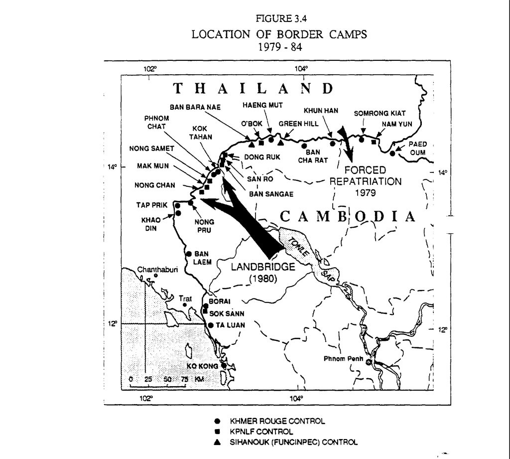 The locations of Thai/Cambodia Border Refugee Camps 1975-1999. Supplied