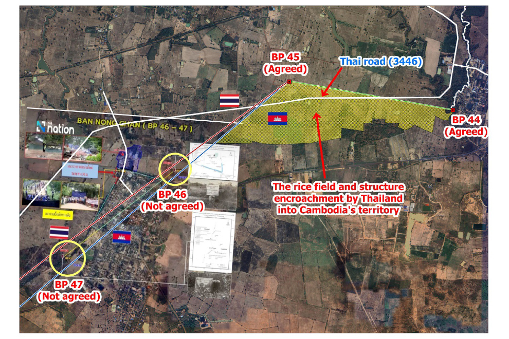 An unofficial aerial map released by the Thai media shows Thai roads and farms on Cambodian territory. Supplied