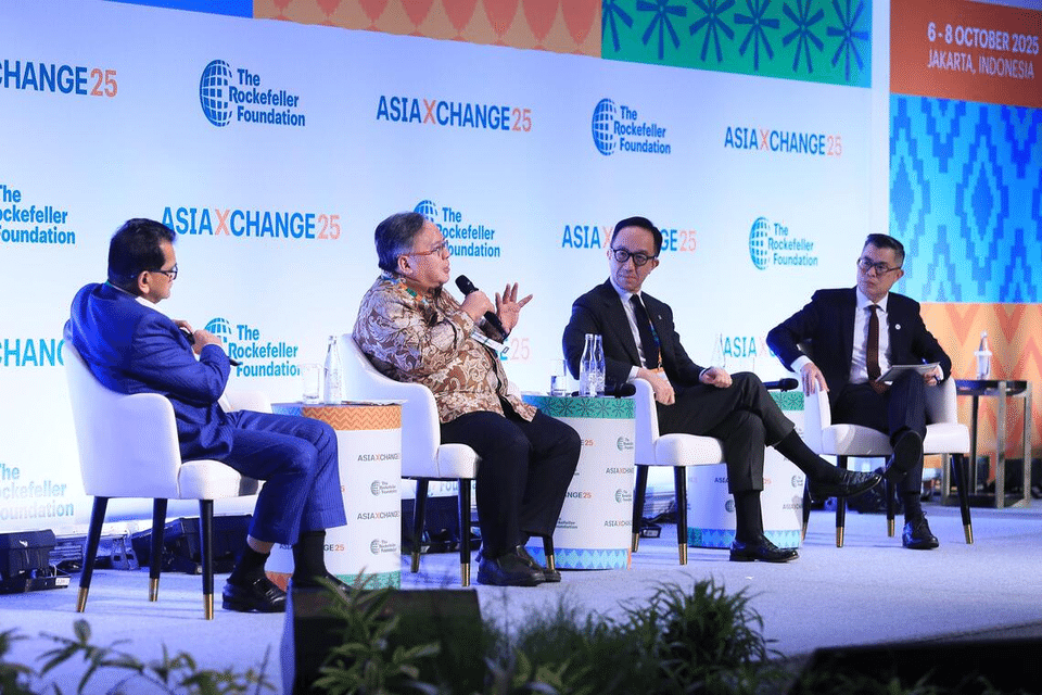 (From left) Mr Amitabh Kant, Prof Bambang Brodjonegoro, Prof Gabriel Leung, and Mr Jaime Ho at a panel discussion titled “Shaping the Future: Asia’s Evolving Role” in Jakarta on Oct 6. PHOTO: ROCKEFELLER FOUNDATION/THE STRAITS TIMES