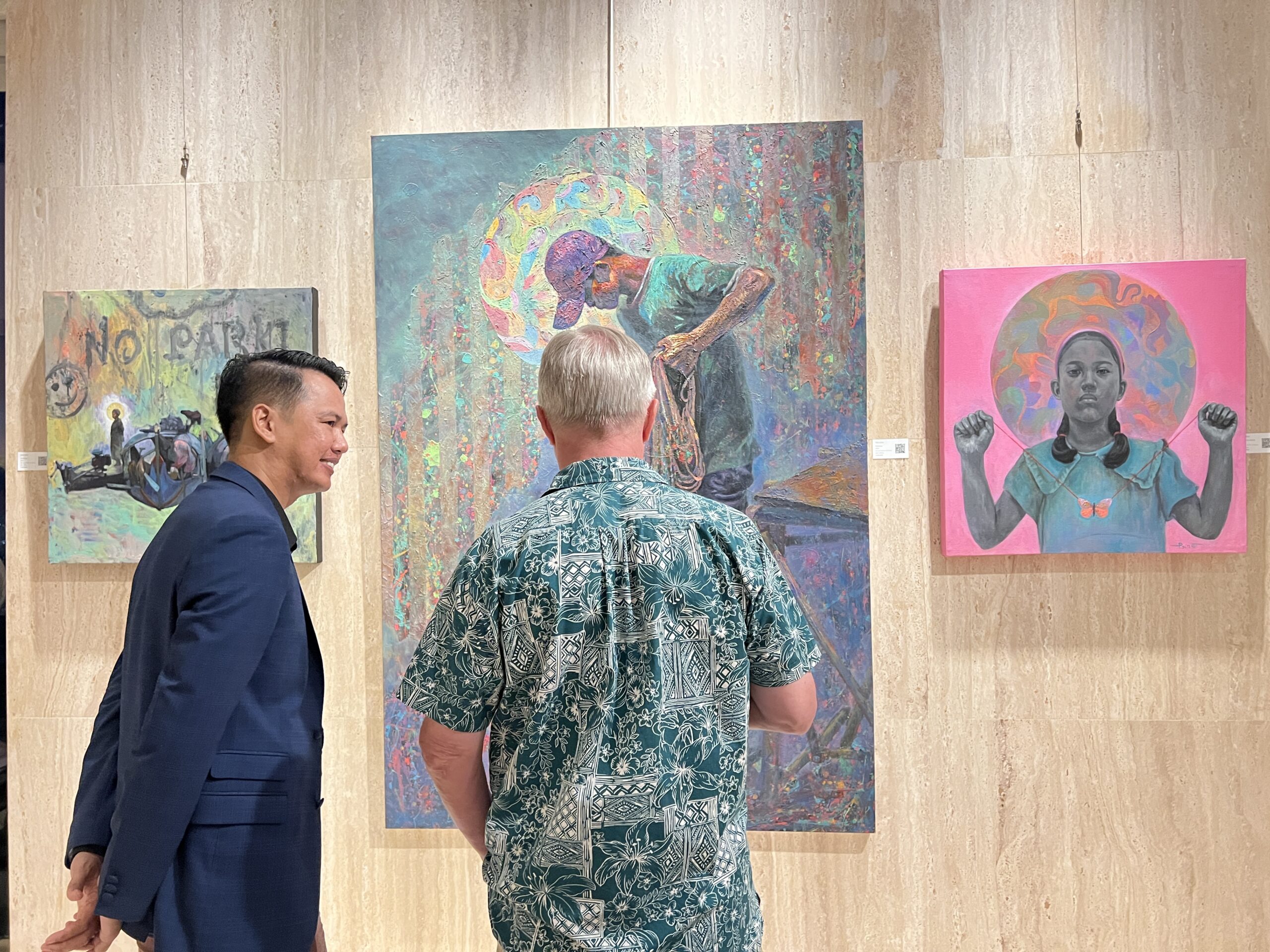 Thun Dina’s work often reflects the transition from rural harmony to urban modernity, depicting scenes of daily life — workers, fishermen and market stalls — in a vibrant, multicolour impressionist style that blends traditional and modern techniques. Supplied