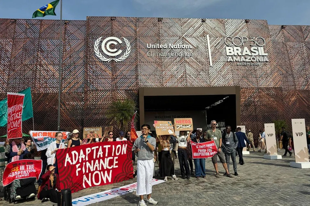 The activists protesting outside the COP30 Blue Zone at around 8.20am were told by the military to disperse after half an hour. PHOTO: THE STRAITS TIMES