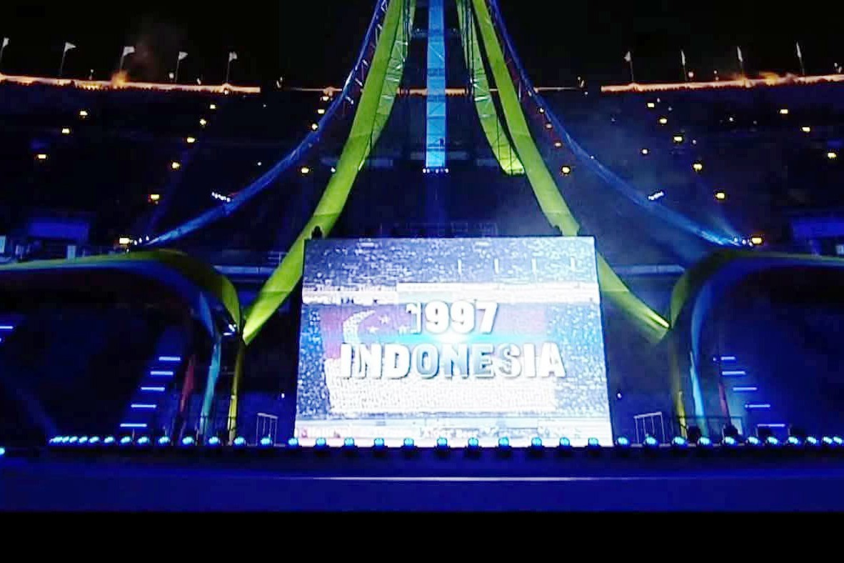 The Singaporean flag was displayed instead of Indonesia’s during the historical SEA Games timeline of Indonesia’s hosting years. Supplied