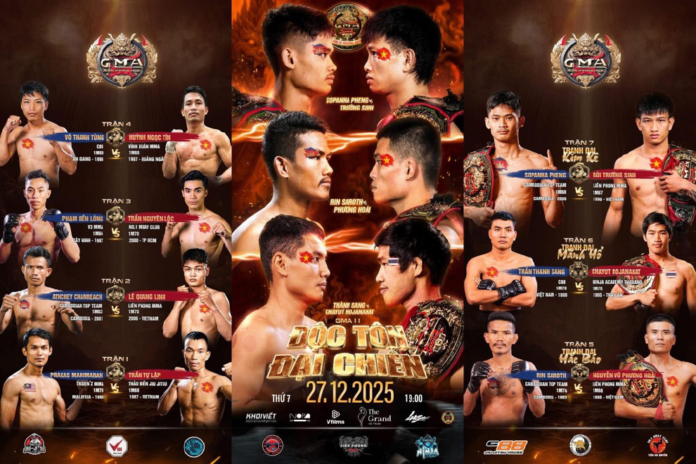 The full fight card for the Gods of Martial Arts (GMA) event in Vietnam on December 27, which features two Cambodian fighters in title bouts and one in a friendly. Supplied
