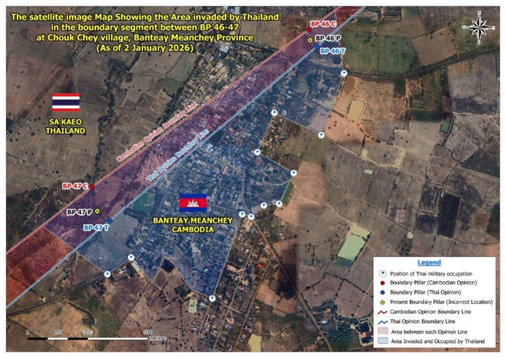This satellite image Map shows the area invaded by Thailand in the boundary segment between border posts 46-47 at Chouk Chey village, Banteay Meanchey. Supplied 