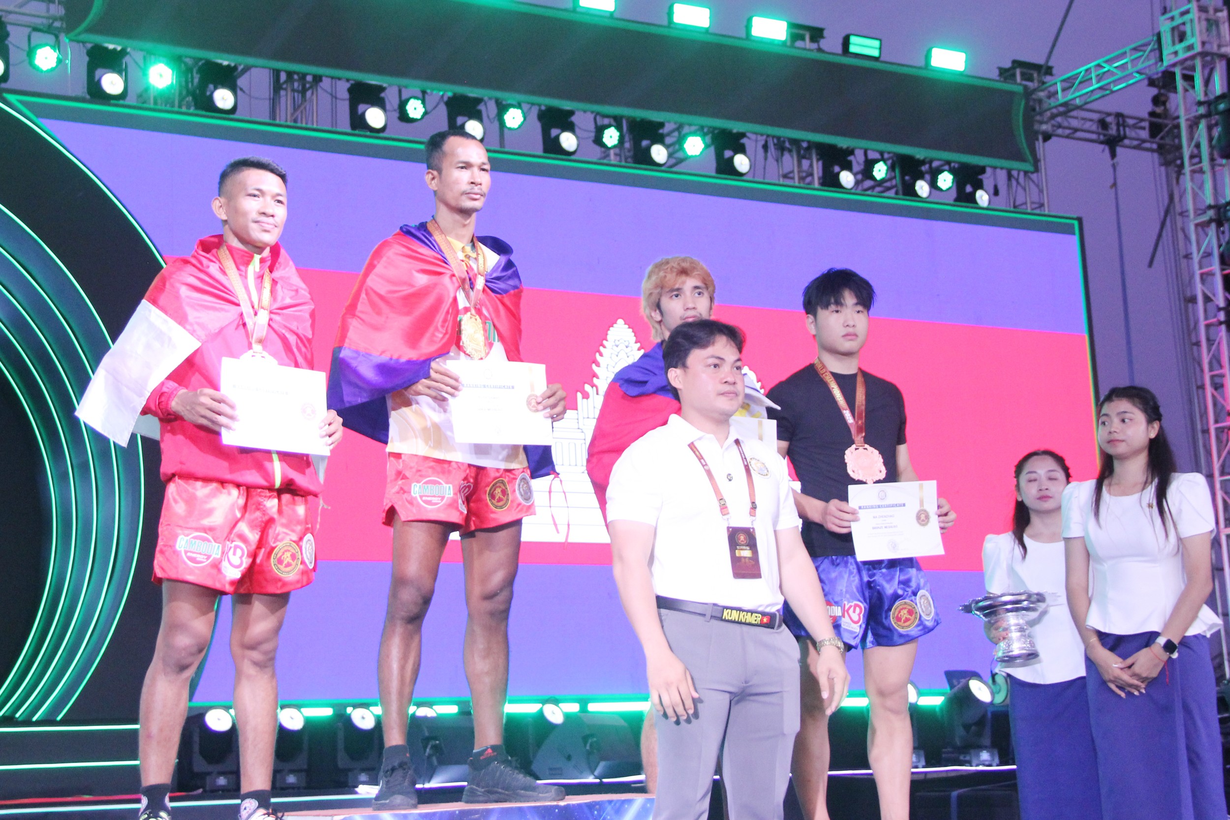 Medal winners receive gold, silver and bronze at the 6th Kun Khmer World Championships 2025, held in Preah Sihanouk province. Chhorn Norn