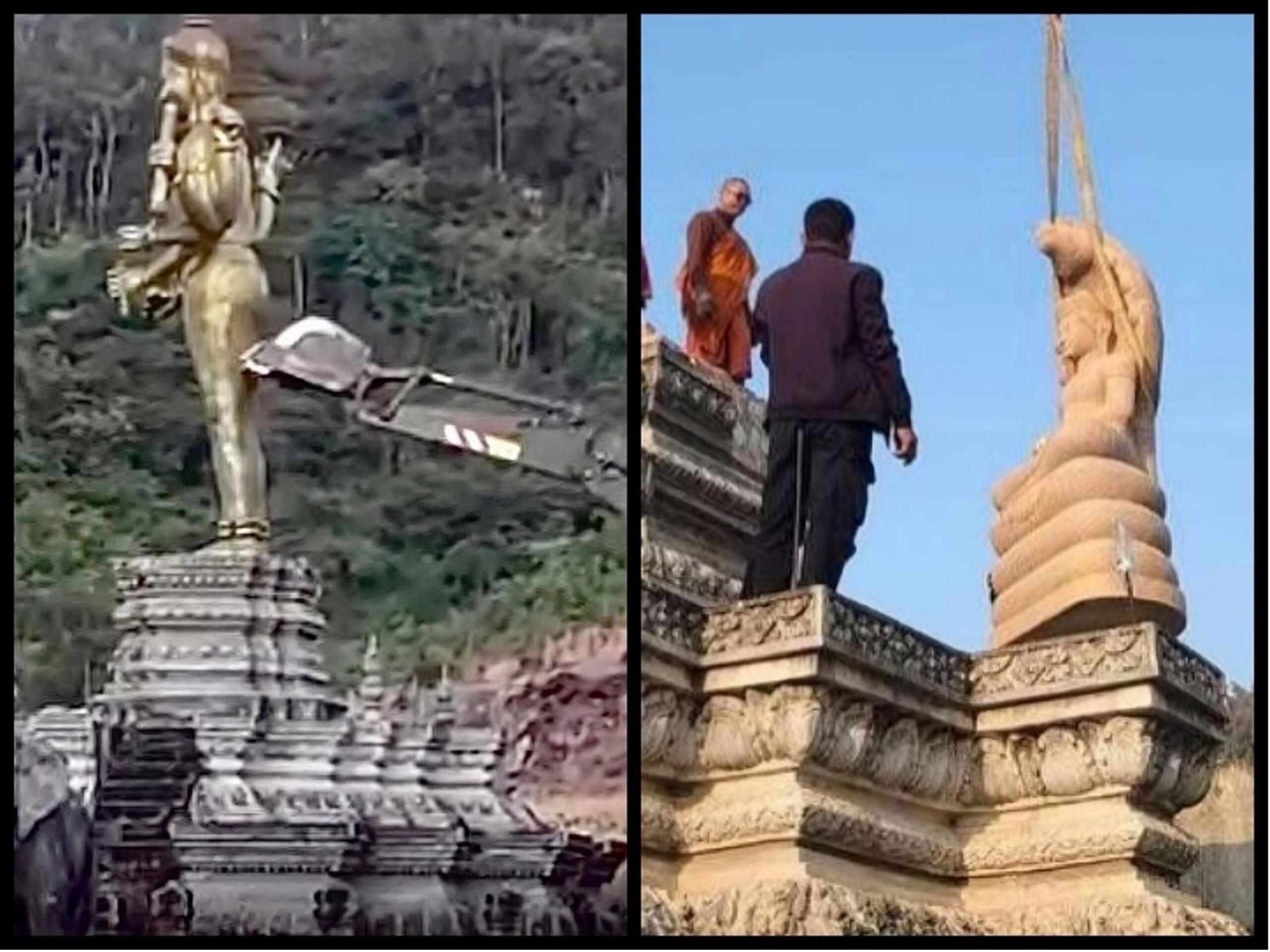 A statue of Lord Vishnu built at the An Ses area on Cambodian territory was destroyed by the Thai military (left). They later installed a Buddha statue. Supplied