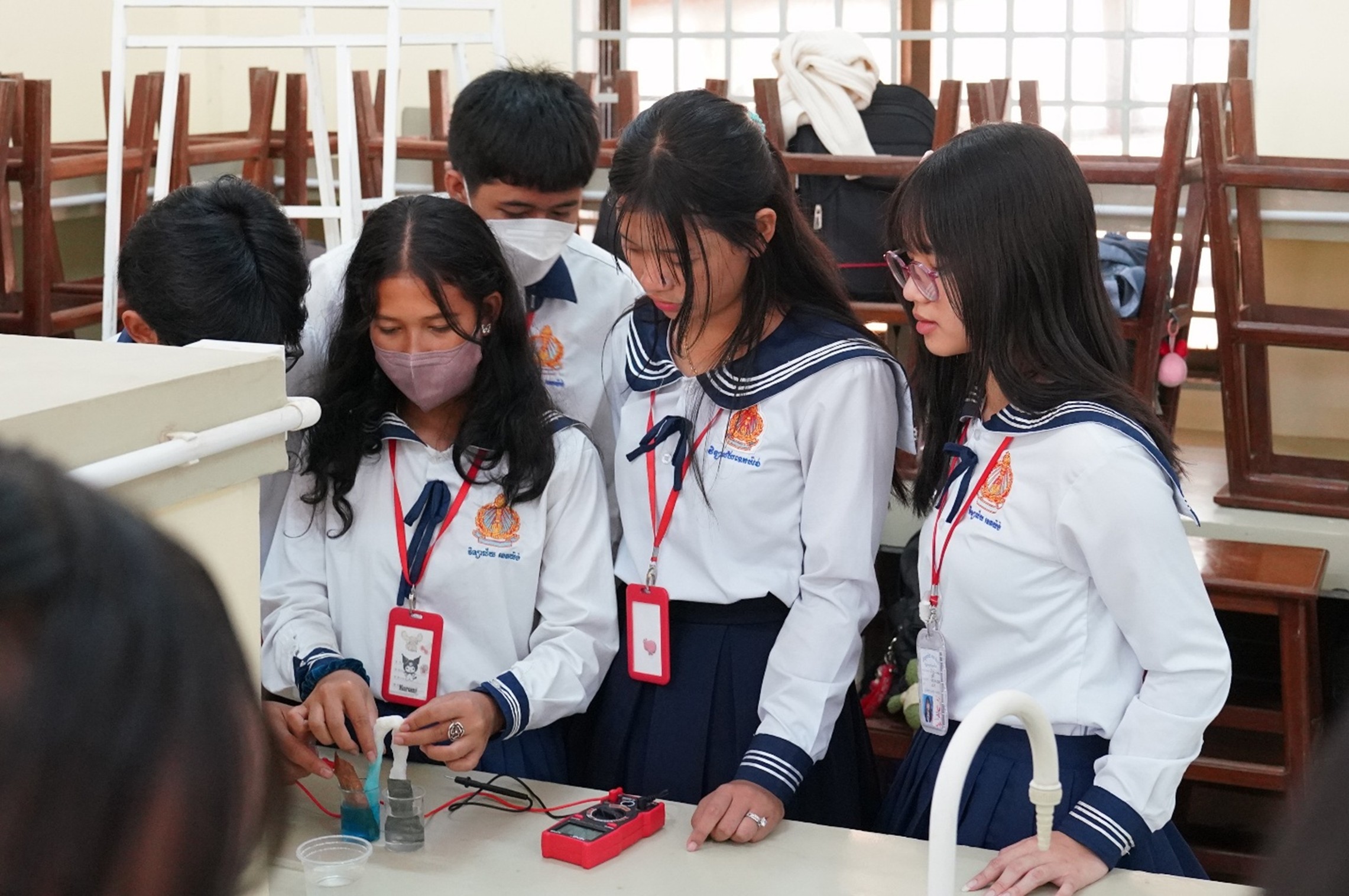 Net Yang Upper Secondary School students conduct an electrical experiment. Hong Raksmey