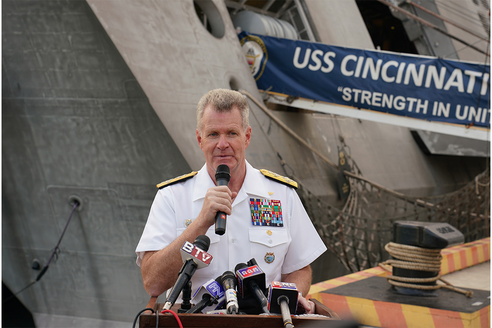 Admiral Paparo addresses a press briefing during the visit of the US warship USS Cincinnati (LCS 20) to Ream Naval Base. Hong Raksmey 