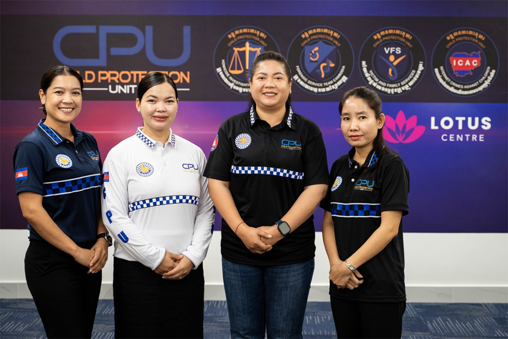 (from left) CPU national manager of welfare and aftercare ervices Noun Sonita, manager of clinical medical services Dr. Lin Nova, assistant director of child protection services Som Vathna and CPO team leader Lon Chheang Leap at the CPU Lotus Centre in Takhmao, Kandal province. Supplied