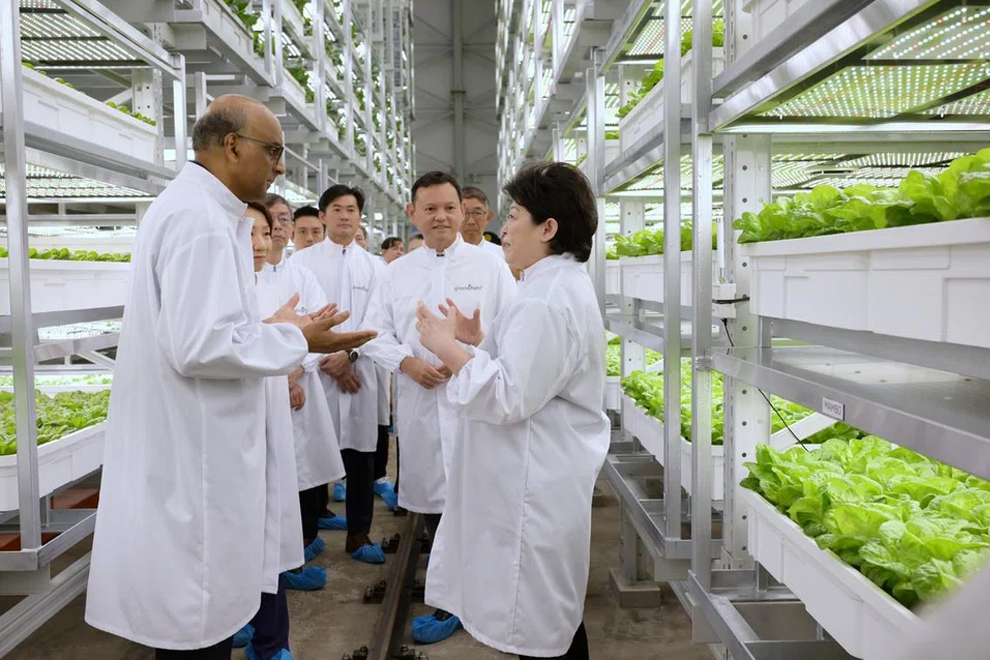 President Tharman Shanmugaratnam (left) with the founder of Greenphyto, Ms Susan Chong, on a tour of Greenphyto’s chamber. PHOTO: THE STRAITS TIMES