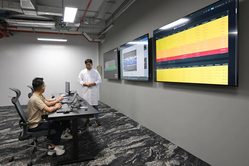 The farm’s control room is where staff can access the AI software and monitor the crops. PHOTO: THE STRAITS TIMES