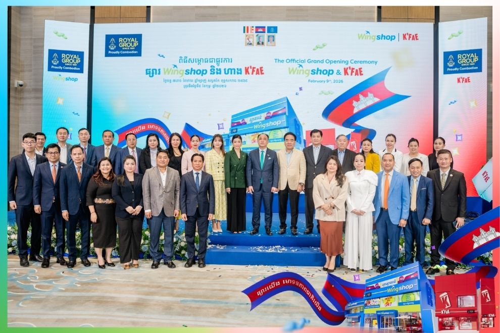 Neak Oknha Kith Meng; Lok Chumteav Neak Oknha Mao Chamnan Kith Meng with VIP guests at the grand opening of Wingshop. Supplied